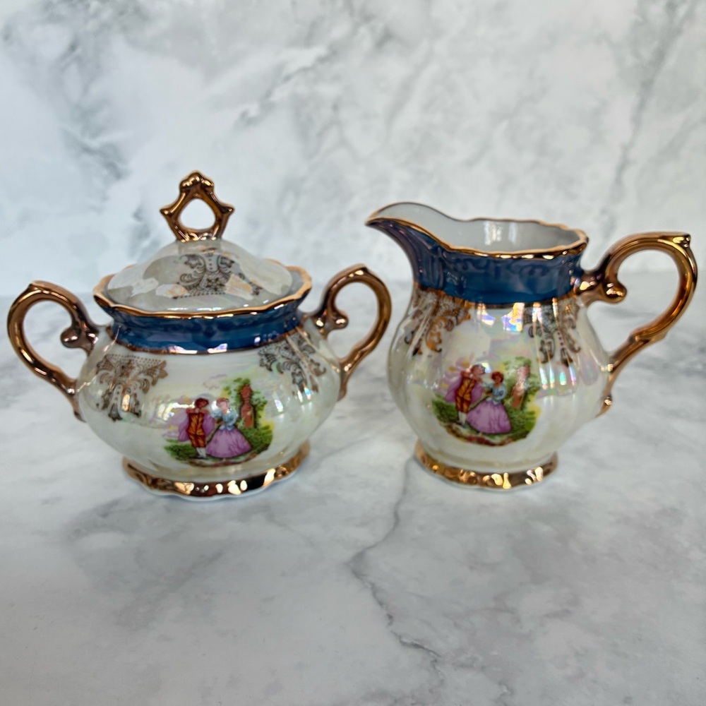 Vintage Porcelain Lusterware Sugar Bowl and Creamer with Gold Trim